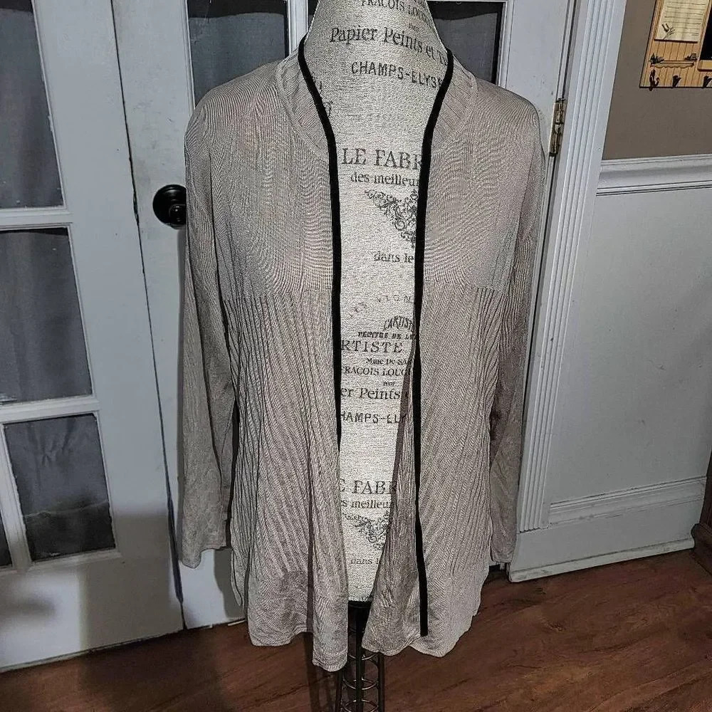 Exclusively Misook Womens Tan Black Open‎ Front Cardigan Sweater Large